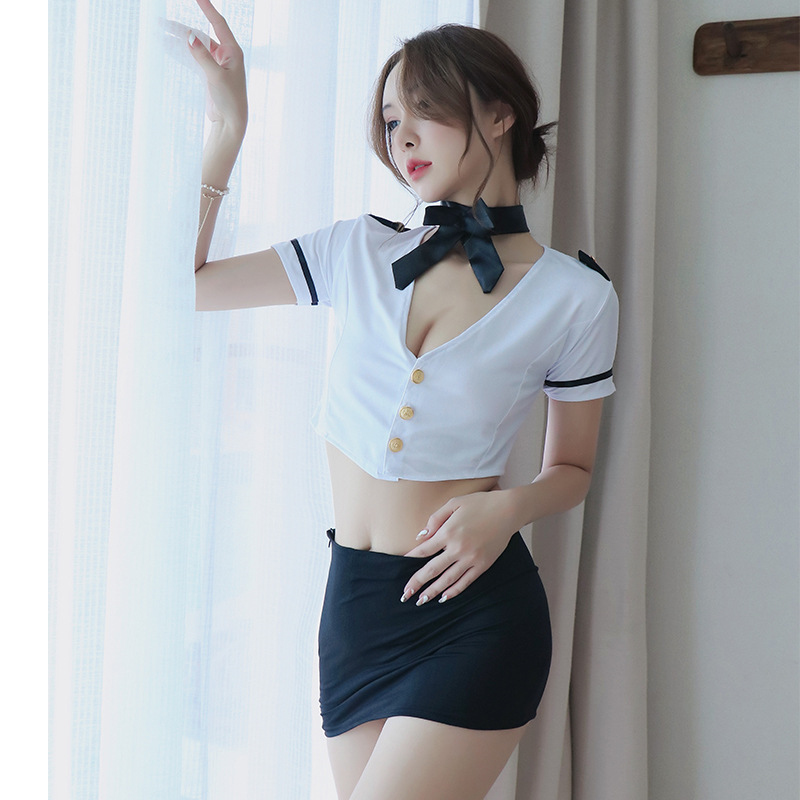 长夜漫漫情趣内衣女士性感水手女警空姐制服角色扮演露乳诱惑1271 黑白色 均码(80-120斤)