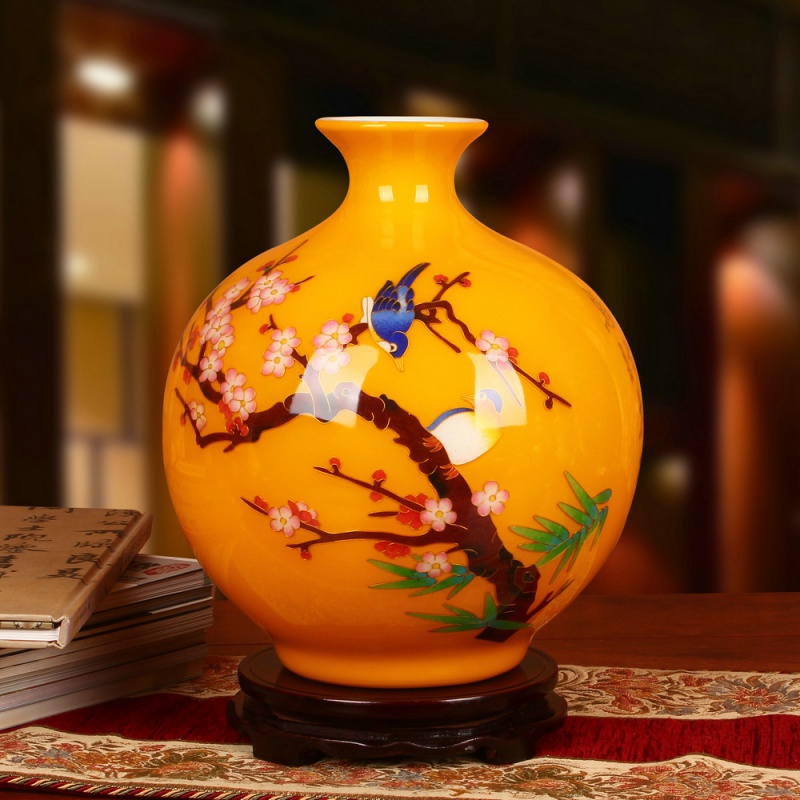 景德镇陶瓷器 金丝麦秆喜上眉梢白色花瓶 时尚家居工艺品摆件 三维工匠 黄喜上眉梢石榴瓶+底座高清大图