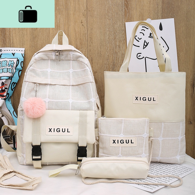 ins风书包韩版女学生撞色背包校园初中生高中大学生大容量双肩包NEW LAKE 0025米色收藏送精美水杯