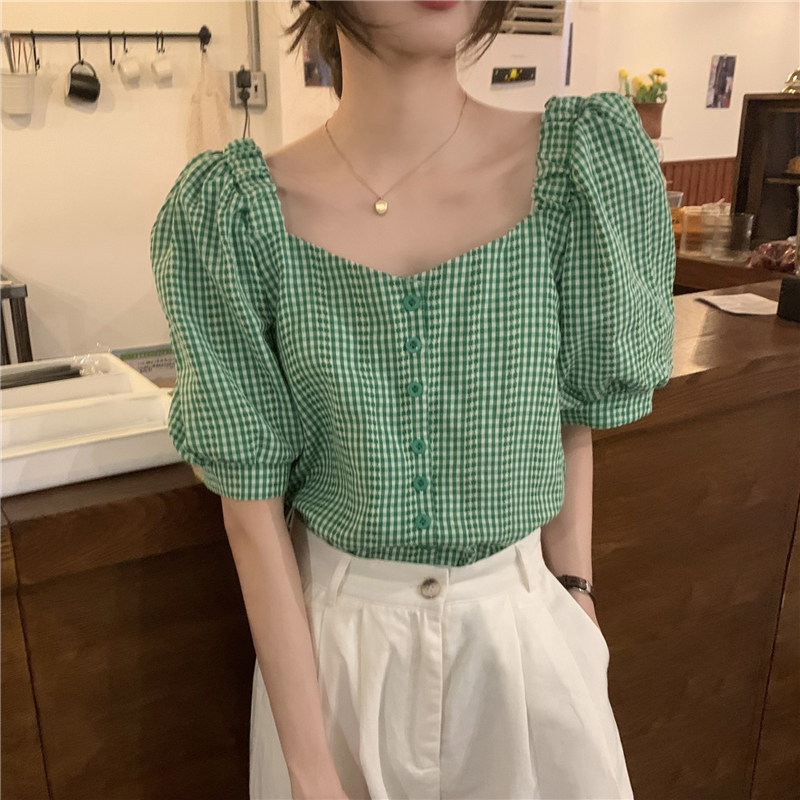 百搭甜美宽松泡泡袖上衣韩版复古方领格子撞色衬衫