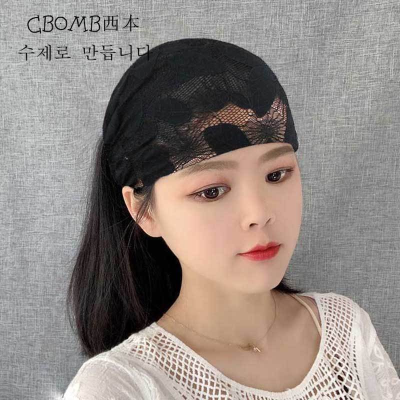 韩国宽边蕾丝发带女夏季遮白发头箍日常外戴洗脸发箍压发头巾头饰 黑色-树叶款