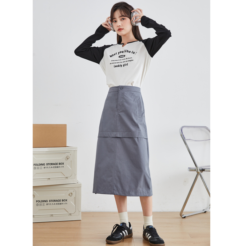 [2.5折价113元]唐狮美式灰色工装半身裙新款女高腰显瘦直筒裙中长款基础裙子