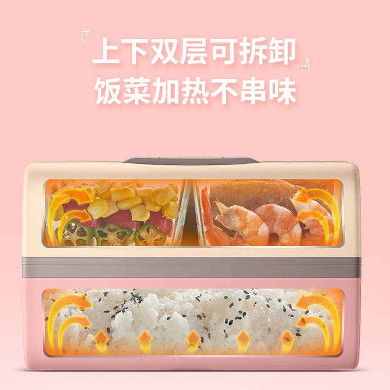 苏泊尔(SUPOR)蒸煮饭盒电热饭盒 分隔式双层内胆设计 蒸煮热饭带饭桶神器上班族便携便当 暖春粉DH02FD808
