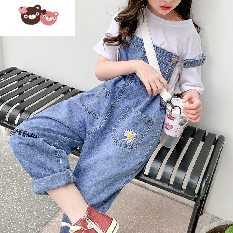 绿彩虹光女童牛仔背带裤2022新款夏季薄款洋气儿童中大童女孩春秋裤子套装