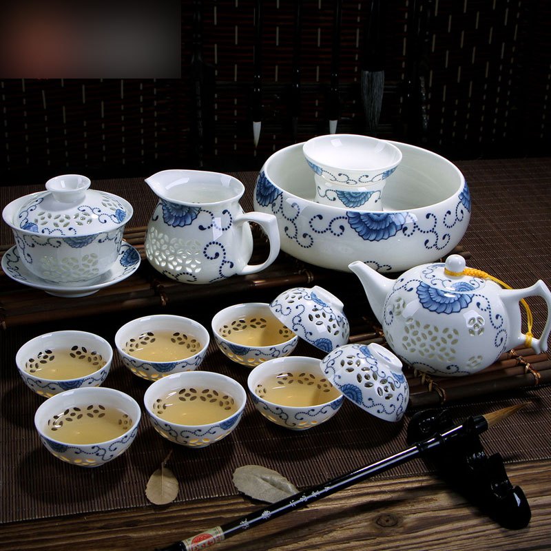 玲珑青花瓷茶具套装礼盒家用景德镇陶瓷功夫茶杯镂空盖碗整套多色多款生活日用家庭清洁生活日用家居器皿水具/水杯