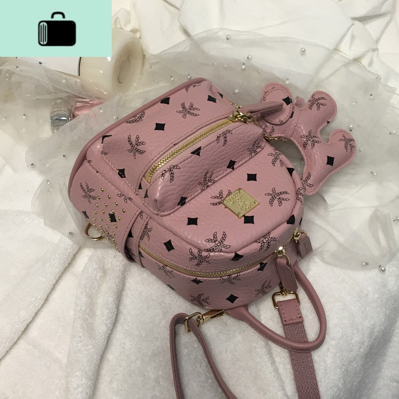 2020新款双肩包女韩版潮铆钉休闲百搭印花迷你单肩斜跨多用小背包NEWLAKE高清大图