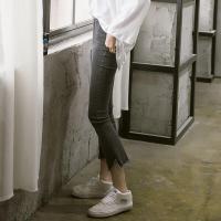 2018春秋季新款微喇叭牛仔裤女高腰弹力修身毛边潮九分裤黑色裤子