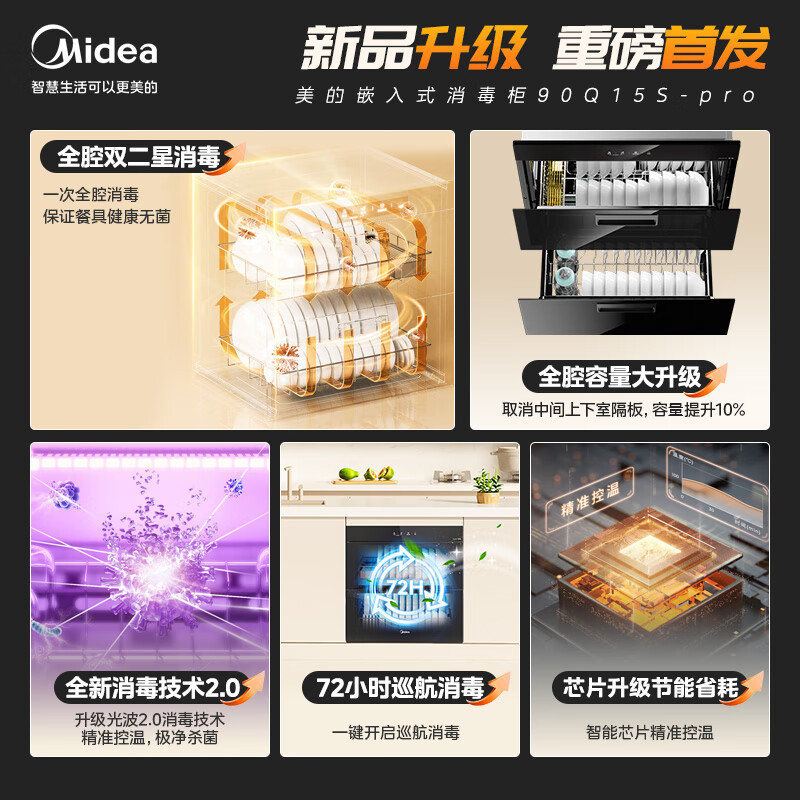 美的(Midea)消毒柜家用嵌入式 新升级光波2.0 110L双层大容量餐具碗柜碗筷 MXV-ZLP90Q15S Pro