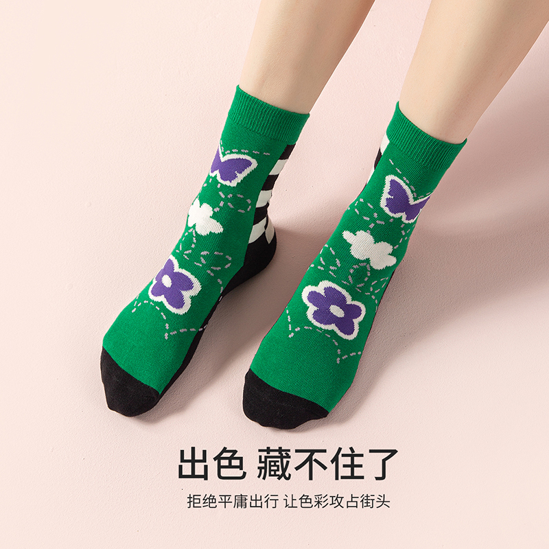 耐尔棋盘格袜子女棉黑白格绿色中筒袜设计感小众文艺复古风潮袜