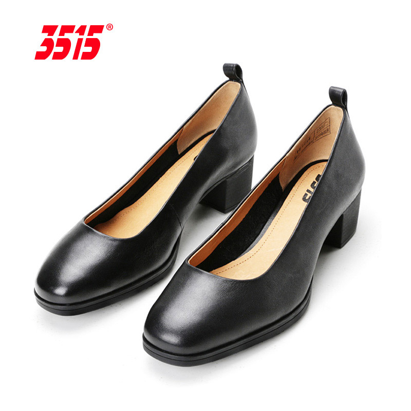 际华3515强人皮鞋春夏季中跟单鞋舒适女鞋尖头高跟鞋黑色工作鞋子