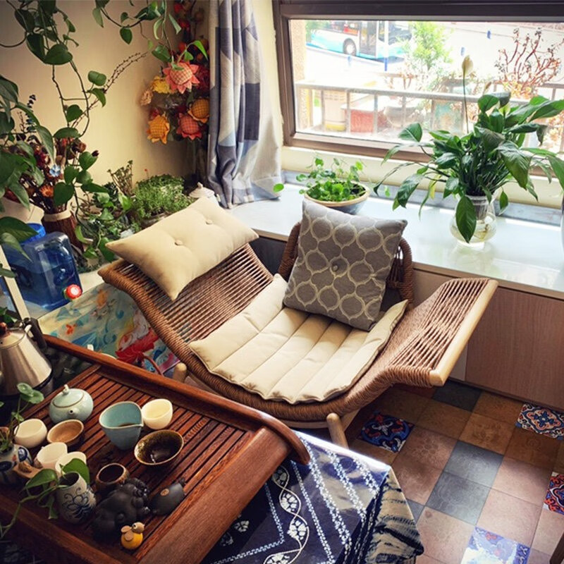 紫叶檀花贵妃椅阳台躺椅藤沙发单人小户型卧室家用简约民宿贵妃榻 沙发椅-浅棕