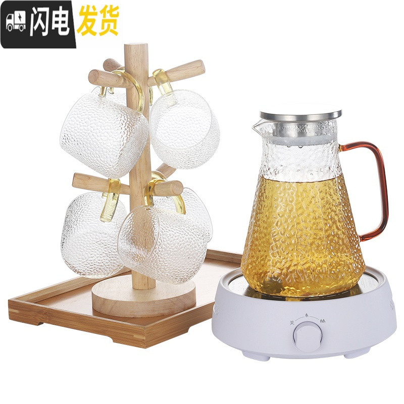 三维工匠玻璃壶可高温凉白开水壶玻璃家用耐热防爆烧水煮茶冷水壶水杯套装 电陶炉+1600水壶+6杯+托盘+水杯架凉水壶