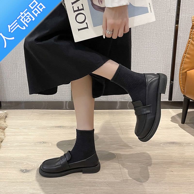 SUNTEK小皮鞋英伦风单鞋女2023新款夏季平底乐福鞋百搭黑色工作鞋一脚蹬图片