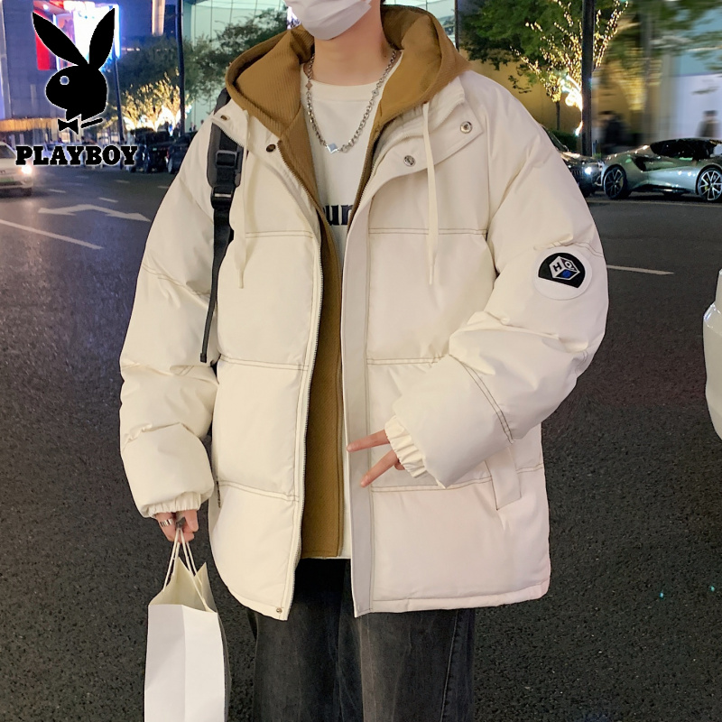 花花公子新款青少年学院风男式宽松连帽棉衣面包服假两件加厚棉服高清大图