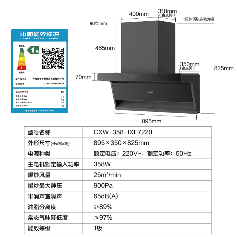 海尔(Haier)出品统帅吸油烟机家用厨房7字型油烟机25m³变频大吸力高频自旋洗900帕强排风压IXF7220高清大图