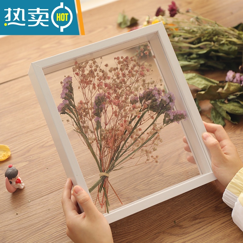 敬平干花相框diy手工永生花玫瑰保存实木画框中空双面展示盒摆台礼物 胡桃色(厚度6cm,中空4cm)框内不含干花植物装饰高清大图