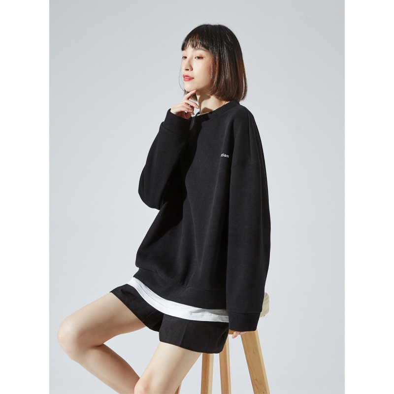唐狮新款圆领卫衣女假两春秋薄款overize宽松上衣bf慵懒风