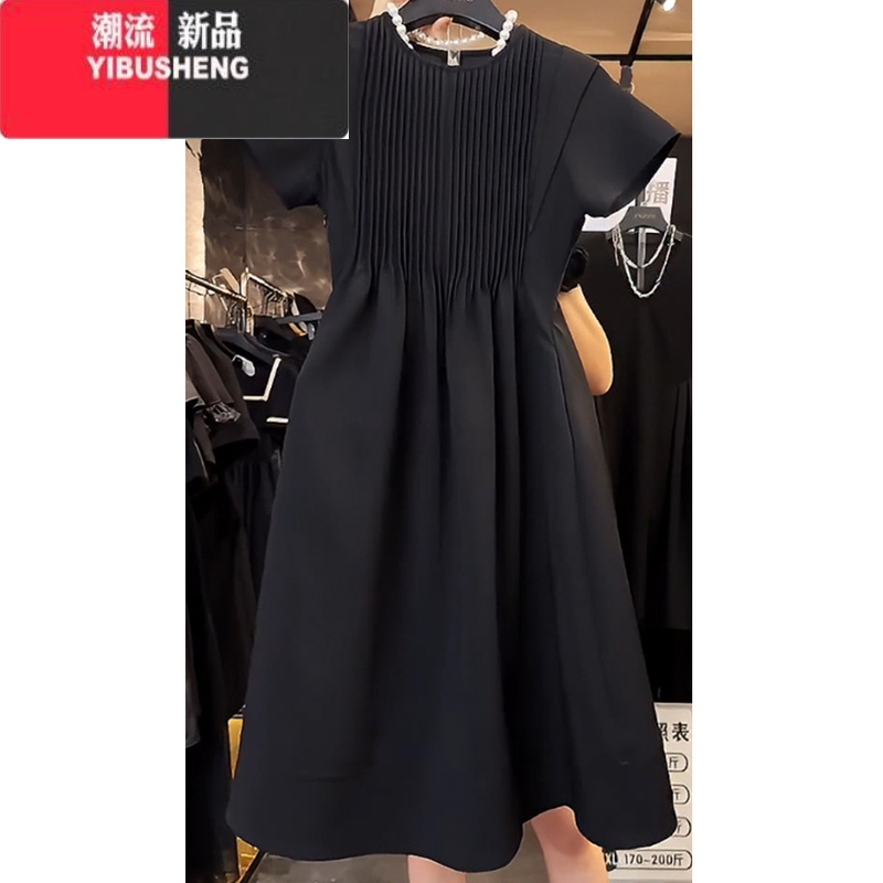 YIBUSHENG法式风琴褶收腰显瘦黑色连衣裙女季新款中长款圆领短袖小黑裙子