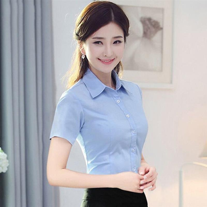 白衬衫女修身长袖短袖职业装大码工作服正装白色蓝色白衬衣女韩版