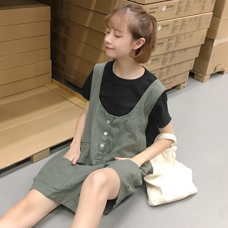 牛仔背带裤女2018夏新款韩版学生bf百搭宽松连体短裤阔腿裤子咖啡色均码