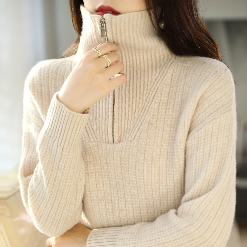 秋冬新款100纯羊毛衫女半高开拉链领毛衣套头宽松新款可翻领春秋宽松加厚外穿羊毛衫内搭翻领针织打底衫半拉链毛衣女上衣高清大图