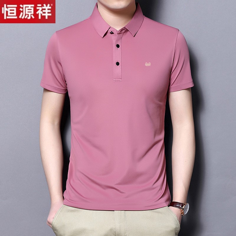 恒源祥夏季中年男士短袖T恤翻领丝光棉POLO衫宽松半袖冰丝男上衣高清大图