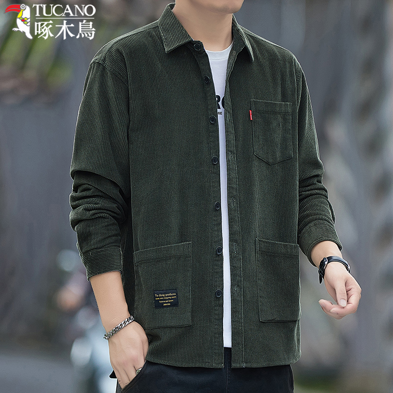 啄木鸟纯棉灯芯绒衬衫男士秋冬款长袖工装风全棉宽松衬衣男装外宽高清大图