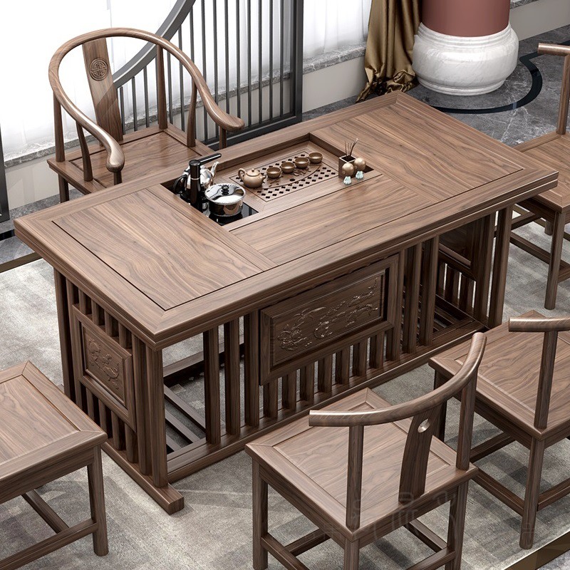 易企采 中式茶桌椅组合实木南榆木功夫茶几茶艺桌小茶台茶道桌子泡喝茶桌茶台胡桃色1.5米茶桌+1圈椅4月牙椅高清大图