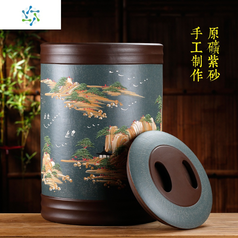 宜兴紫砂茶叶罐大号茶叶桶密封罐普洱茶缸陶瓷存茶罐家用醒茶罐 三维工匠 12饼四线黑面泥绘款茶具