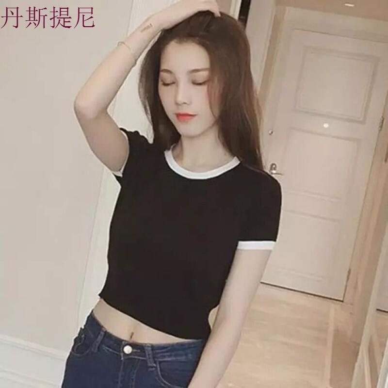 性感短装针织露脐上衣女夏季短袖漏肚脐短款紧身高腰衣服学生灰色均码(面料)