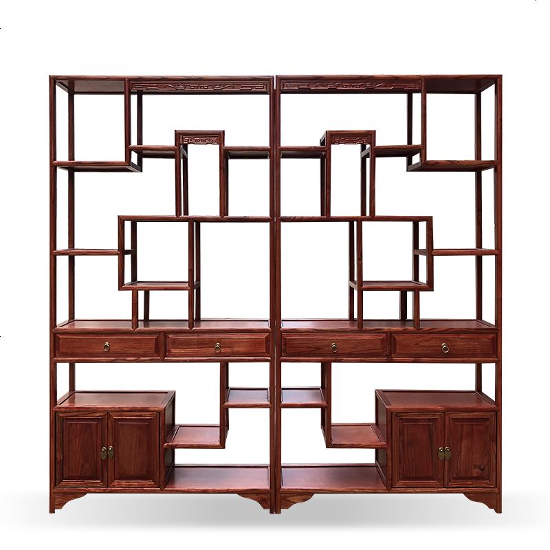 博古架实木新中式多宝阁茶叶展示陈列柜茶室置物古董货架客厅隔断 两_两斗博古架一对_促销款_1米以下