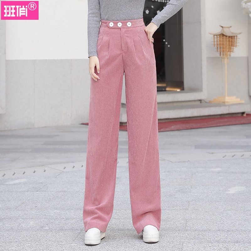 班俏BANQIAO班俏BANQIAO休闲裤女条绒阔腿裤女秋冬宽松垂感休闲长裤子高腰2019秋季灯芯绒直筒女装