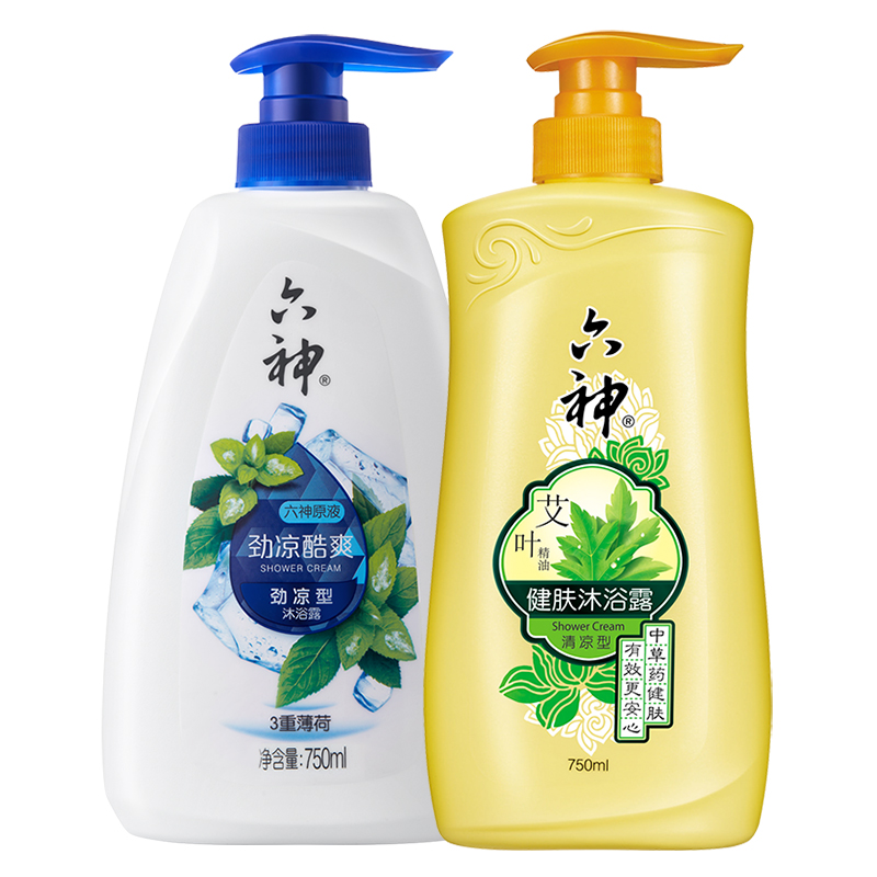 六神艾叶健肤沐浴露(清凉型)750ml+劲凉酷爽沐浴露750ml 套装(男士女士沐浴乳液 细腻柔和 补水保湿滋润)