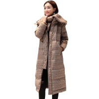 子沫雨JMOORY羽绒服女中长款2021冬装新款连帽白鸭绒时尚格子过膝真貉子毛加厚外套