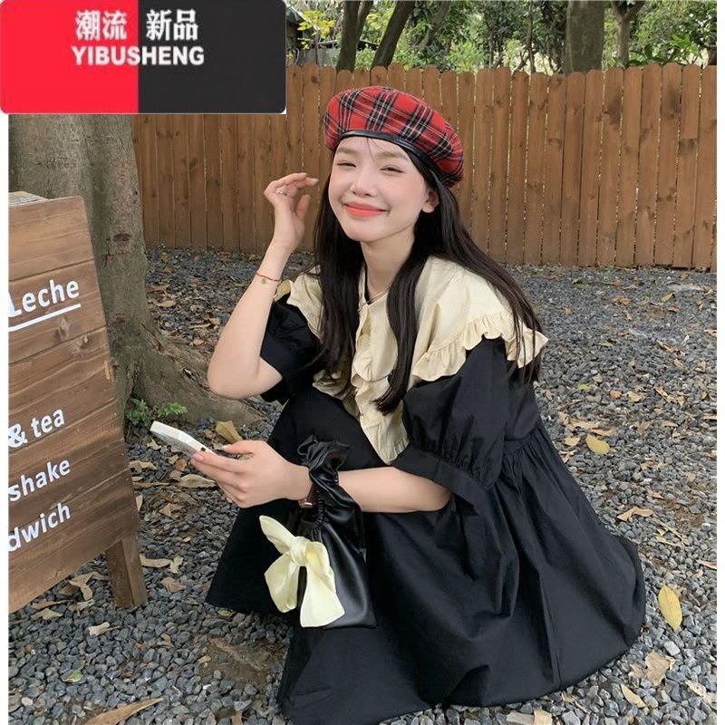 YIBUSHENG大码女装胖mm2024季韩版甜美宽松显瘦气质立体花朵娃娃领连衣裙图片