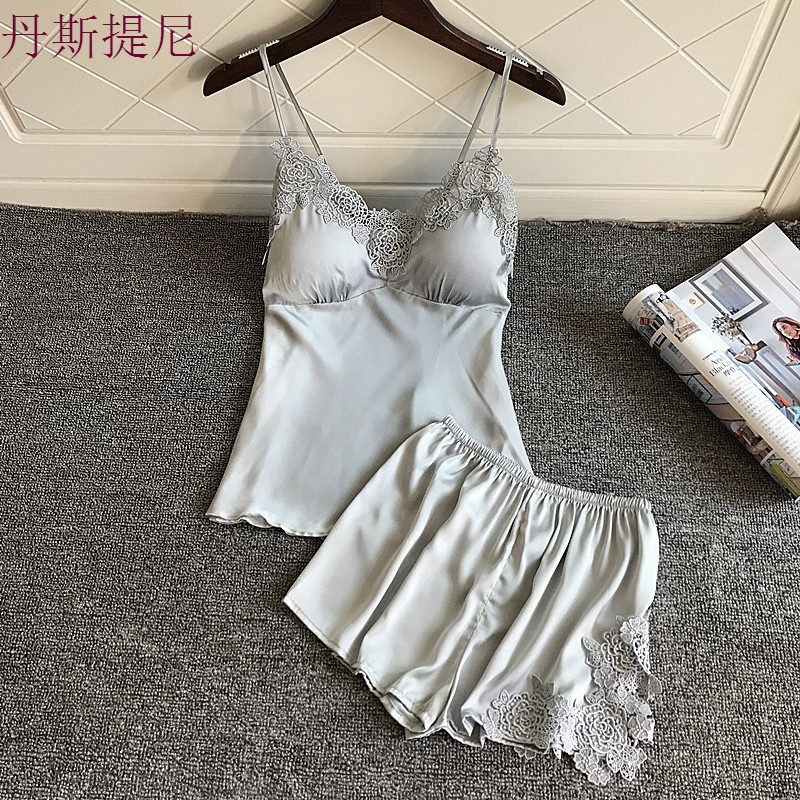 性感睡衣套装女聚拢小胸夏季火辣成人冰丝绸带胸垫带睡裤两件套