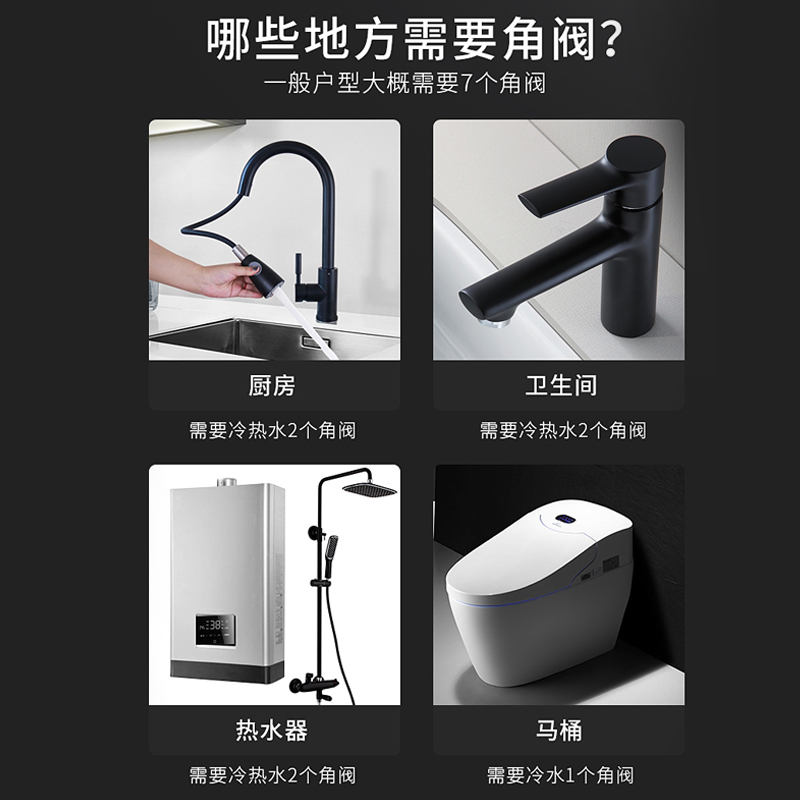 潜水艇角阀黑色全铜三角阀门开关加长厚家用冷热水器三角阀马桶八字阀F003B