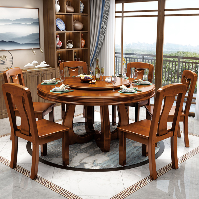 实木餐桌椅组合圆形新中式现代实木圆餐桌椅简约带转盘饭桌家用