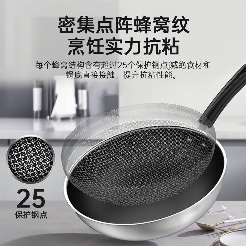 康巴赫炒锅不锈钢蜂窝炒菜锅煎炒锅少油烟燃气炉电磁炉通用好轻松炒锅32cm高清大图