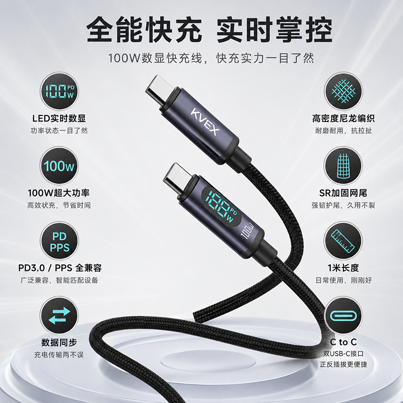 克维杰100W 硅胶数据线/27W 编织数据线/66W 3合一编织数据线 曜系列KV-CC10D高清大图