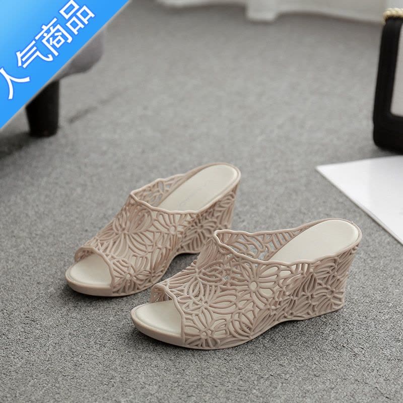 SUNTEK夏季新款镂空高跟果冻拖鞋女士防滑塑料坡跟凉拖鞋时尚室外穿厚底图片