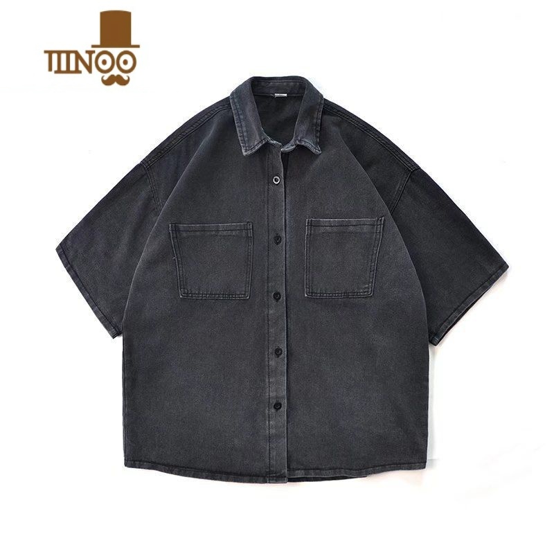 YANXU肥佬300斤薄款牛仔短袖衬衫男夏季痞帅ins加肥加大码宽松衬衣外套高清大图