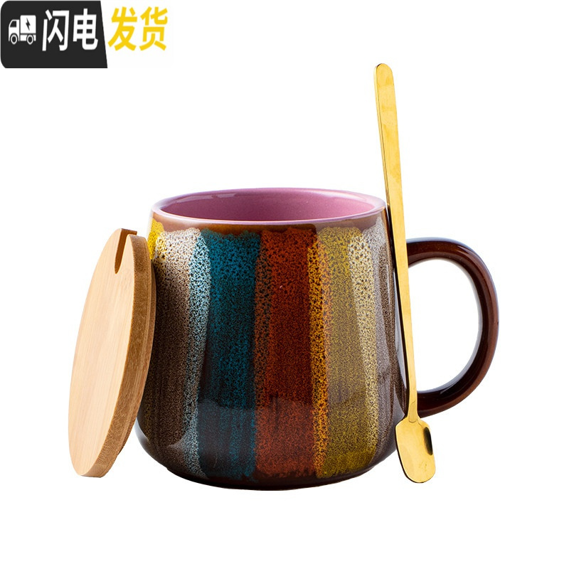 三维工匠手绘马克杯大容量喝水早餐牛奶杯子陶瓷燕麦杯带盖带勺_466 窄口粉带盖带金勺 默认尺寸