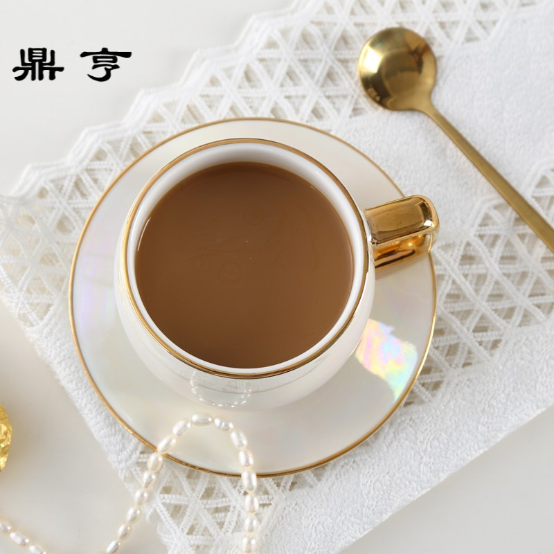 鼎亨家用陶瓷咖啡杯套装带勺白色珍珠咖啡杯碟北欧式优雅红茶杯礼