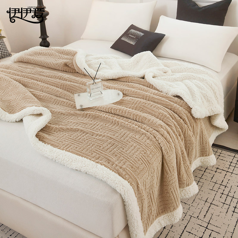 伊伊爱 舒棉绒提花羊羔绒毛毯 深卡其高清大图