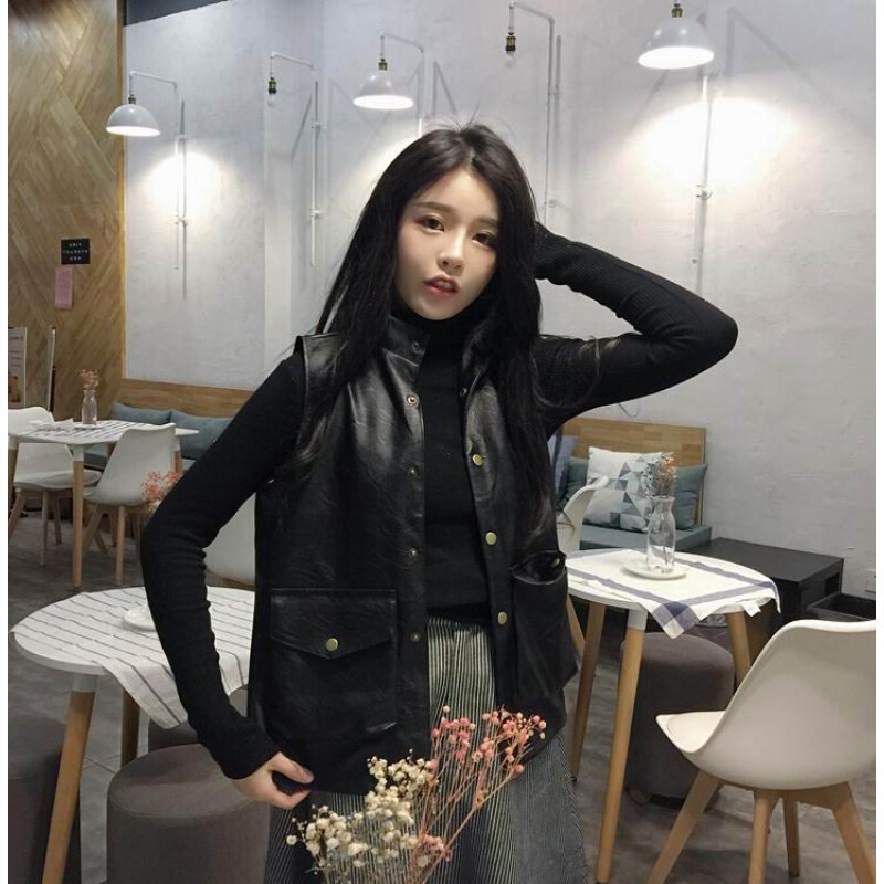 春秋韩版PU皮马甲女港味短款百搭机车无袖皮衣背心坎肩潮 黑色 均码