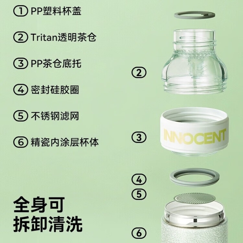 哈尔斯保温杯茶水分离杯女泡茶杯焖茶陶瓷内胆水杯杯子300ml 绿色 300ml高清大图