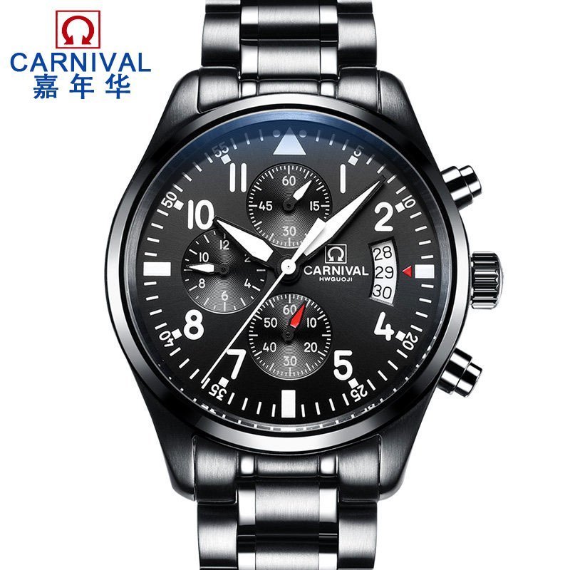 瑞士嘉年华CARNIVAL手表新石英表 男士飞行员系列夜光计时码表时尚6针多功能防水精钢运动男表真皮腕表8592B-6针高清大图