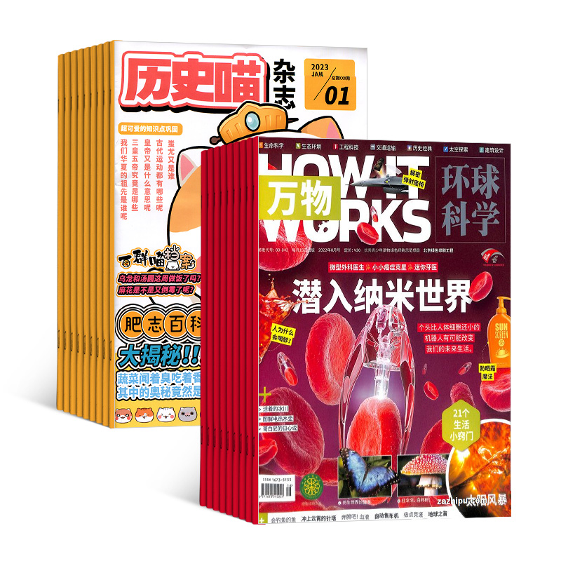 [醉染正版]万物+历史喵杂志组合 2024年1月起订 1年共24期 杂志铺全年订阅 青少版科普百科自然科学历史人文漫画书高清大图