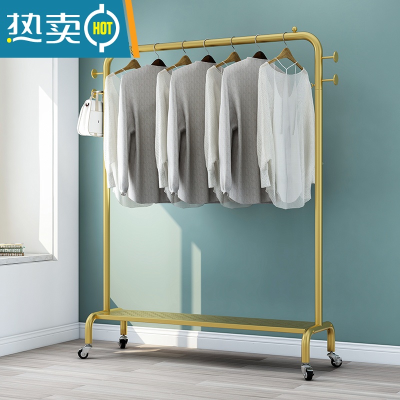 敬平简易晾衣架落地家用卧室折叠学生宿舍晒挂衣架阳台置物衣服架带轮 纳米金色长90高155带轮+带板高清大图